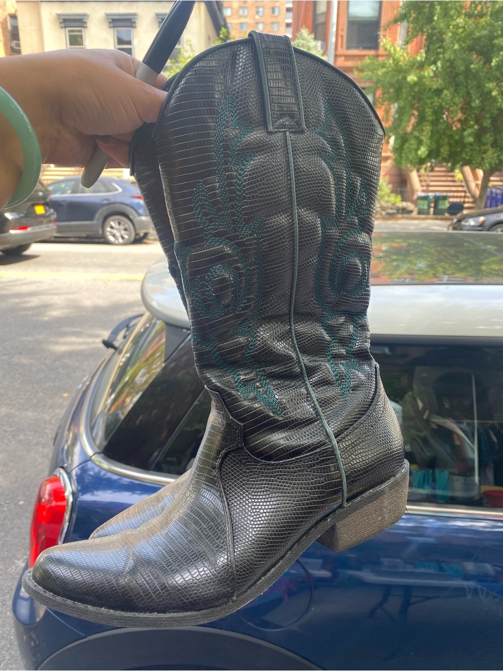 Coconuts by Matisse Black Western Embossed Boots with Teal Stitching